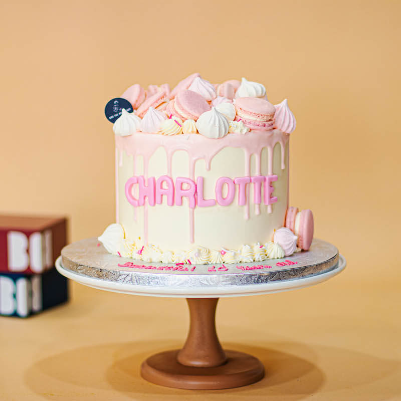 Dainty Pink Drip Cake with Macarons and Meringue